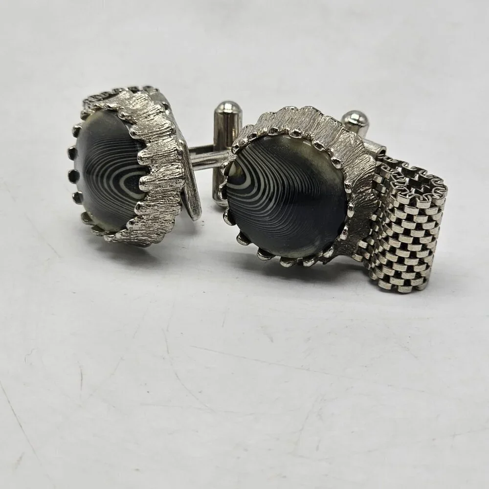 Vintage Mens Silver Mesh Cufflinks With Hypnotic Swirl Design